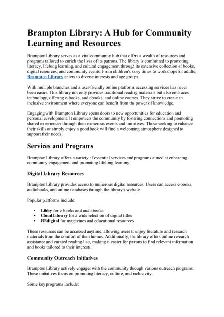 Brampton Library: A Hub for Community Learning and Resources | PDF