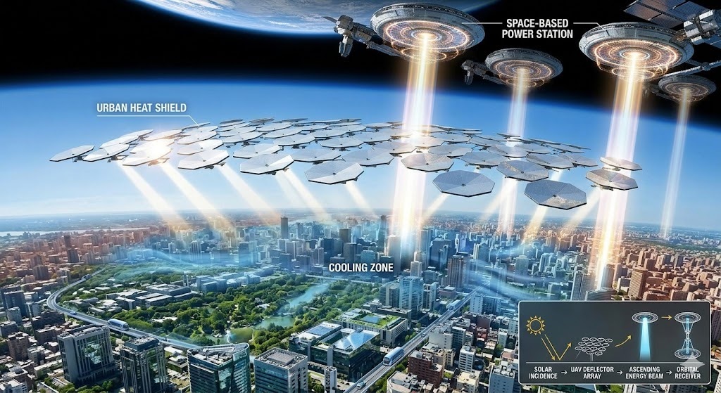 UAV-Based Solar Deflection System: Reducing Urban Heat by Redirecting Solar Energy to Space-Based Power Stations